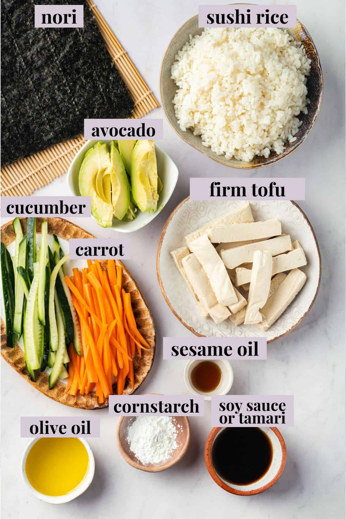 Overhead view of ingredients for vegan sushi with labels