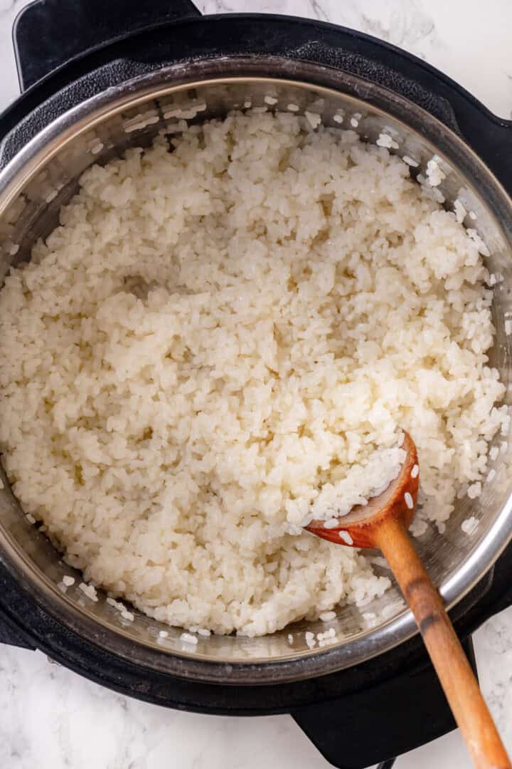 Overhead view of sushi rice in Instant Pot