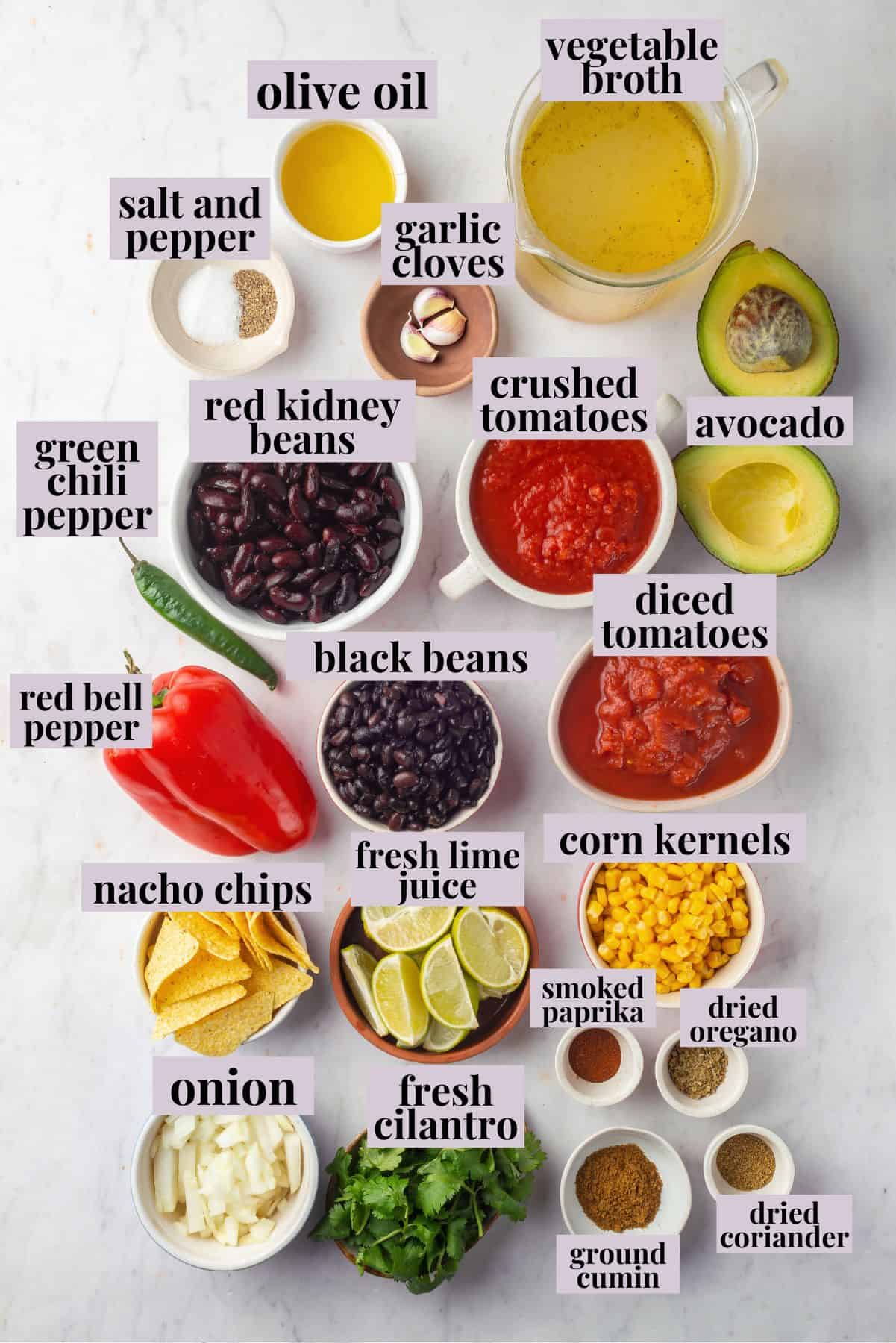 Overhead view of ingredients for vegan taco soup with labels