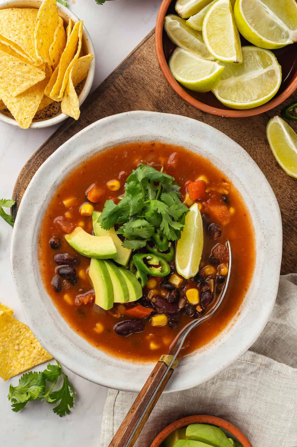 Overhead view of vegan taco soup in bowl