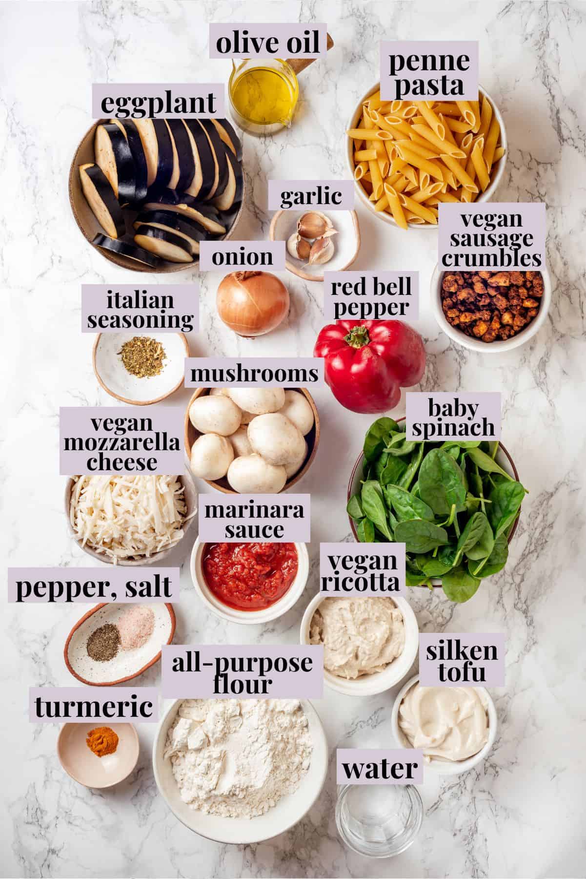 Overhead view of ingredients for timpano with labels