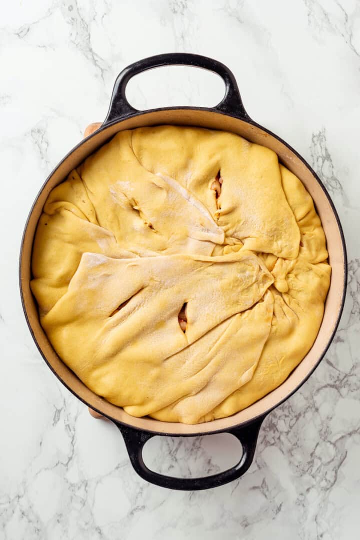 Overhead view of timpano before baking