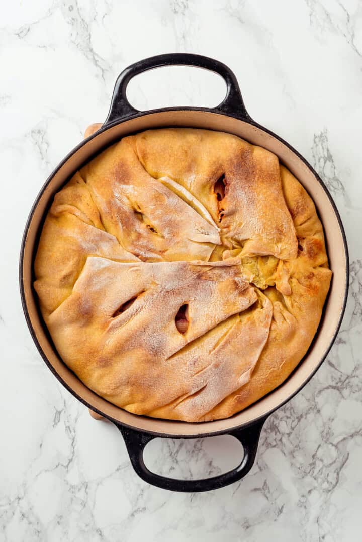 Overhead view of timpano after baking