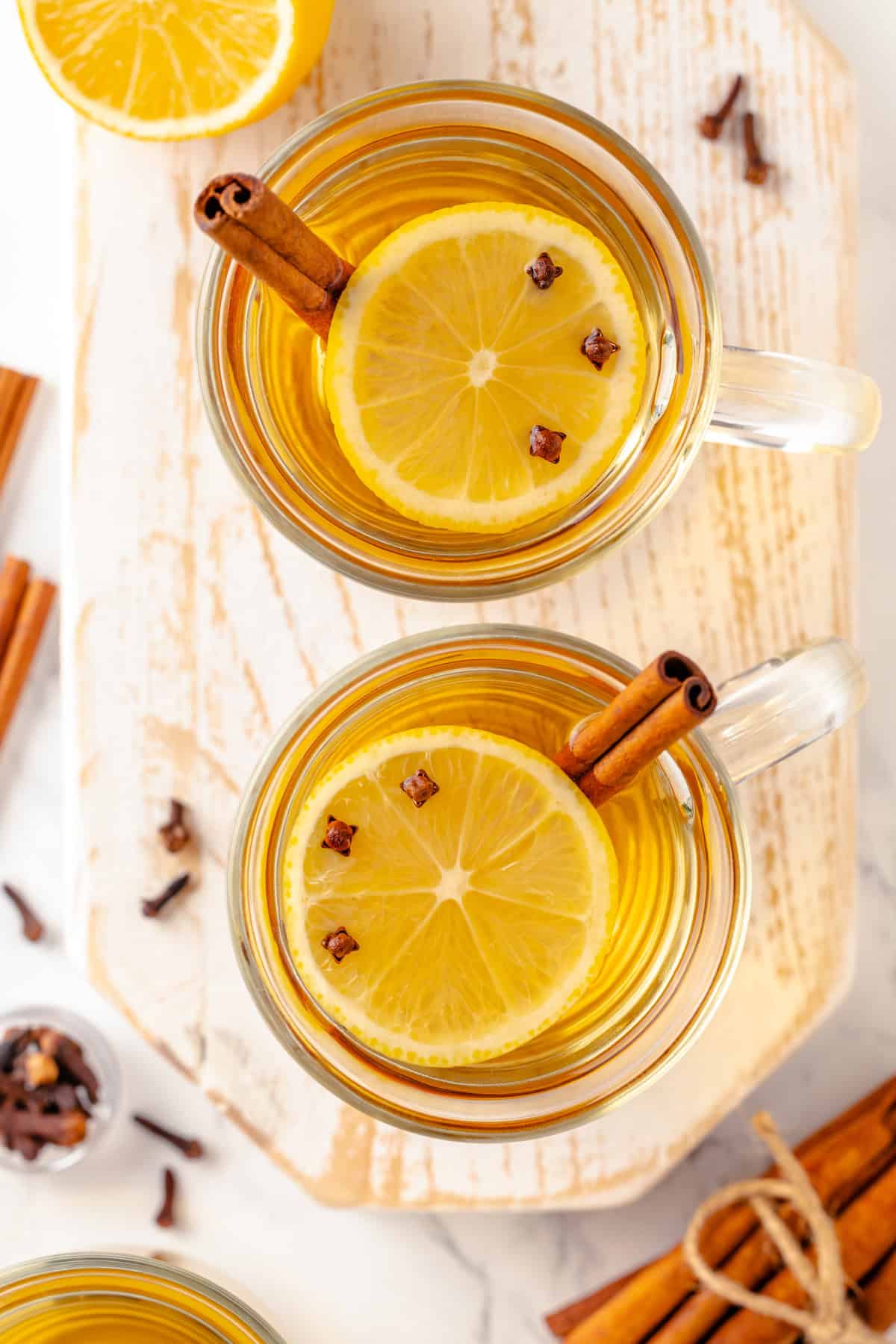 Overhead view of hot toddies in glass mugs