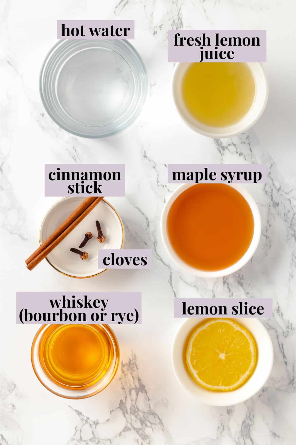 Overhead view of hot toddy ingredients with labels