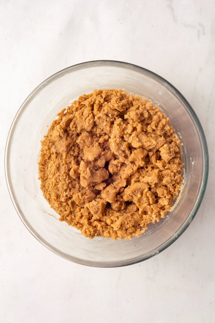 Overhead view of peanut butter cookie dough in bowl