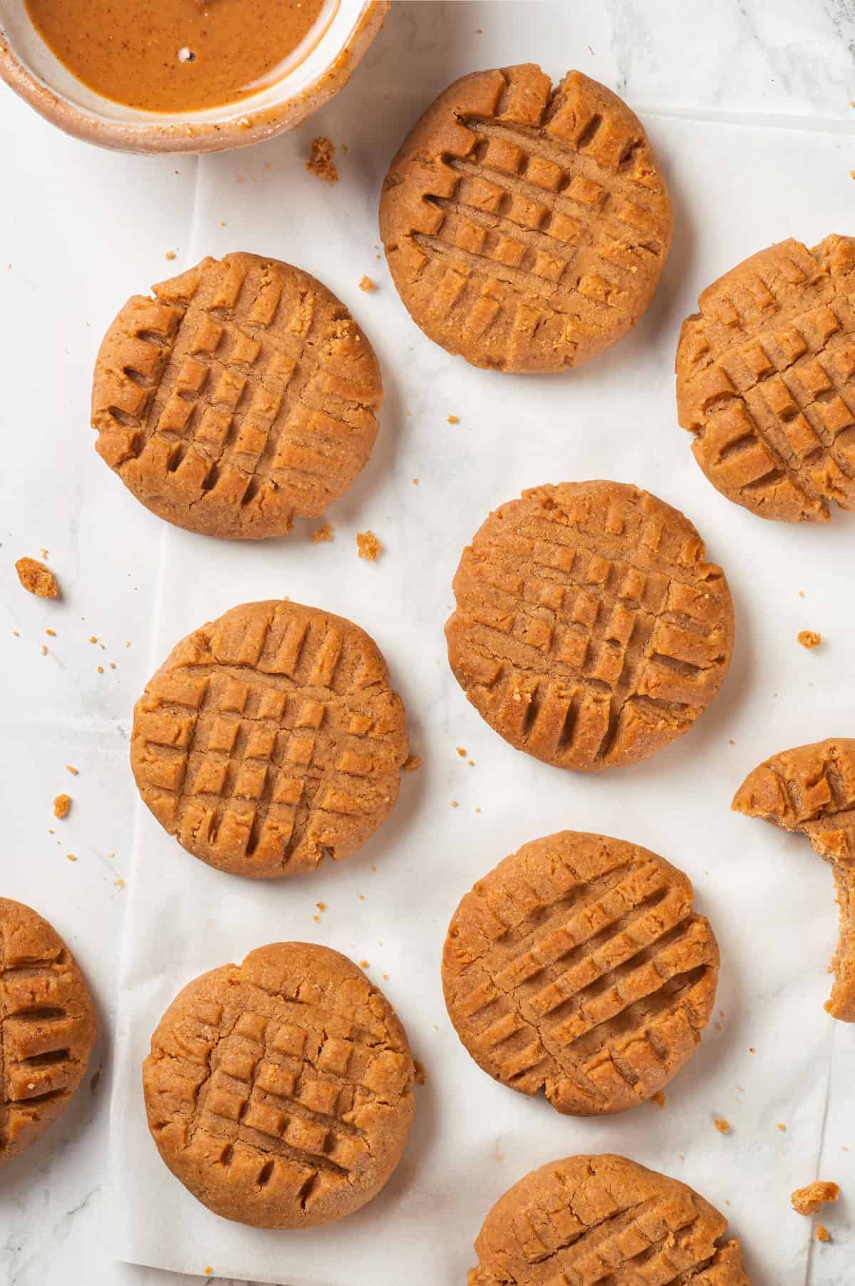 Overhead view of chewy vegan peanut butter cookies