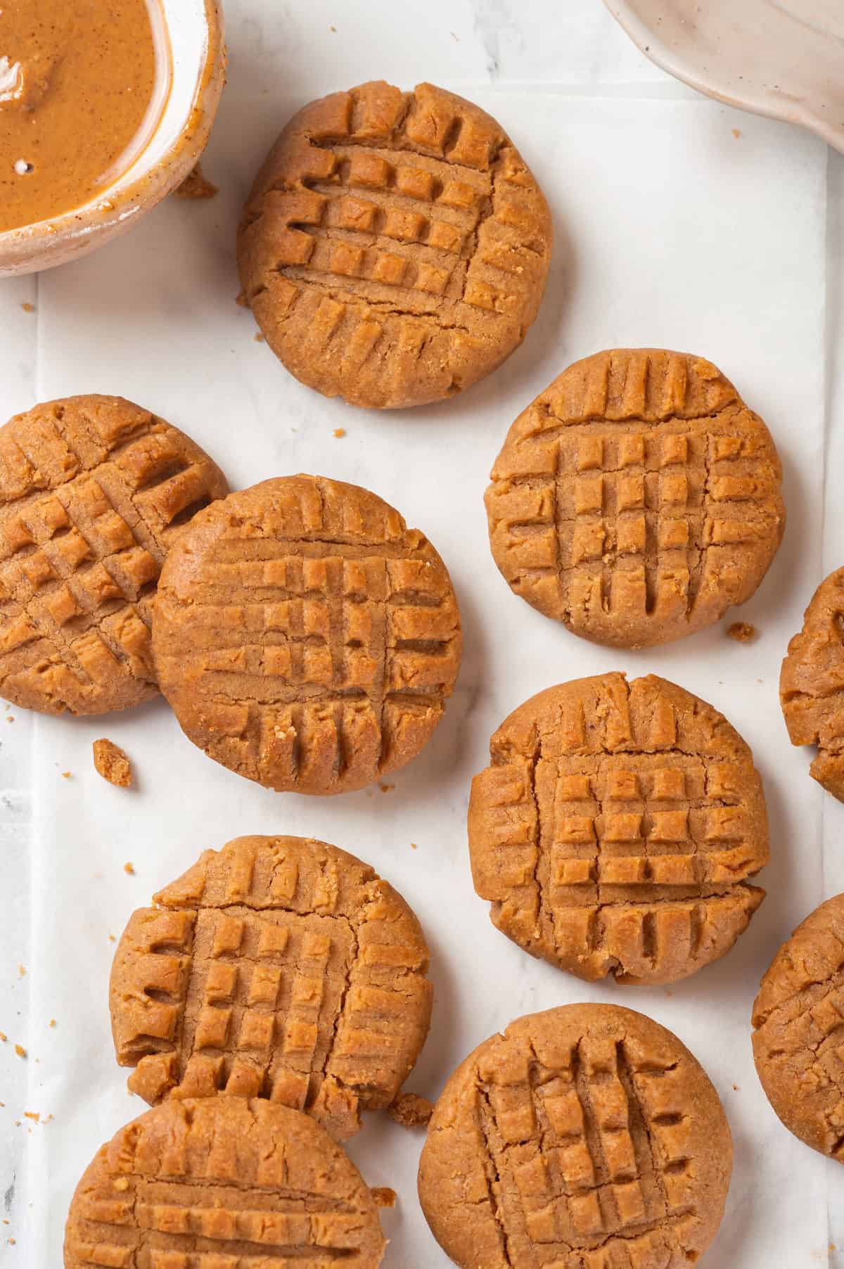 Overhead view of vegan peanut butter cookies on countertop