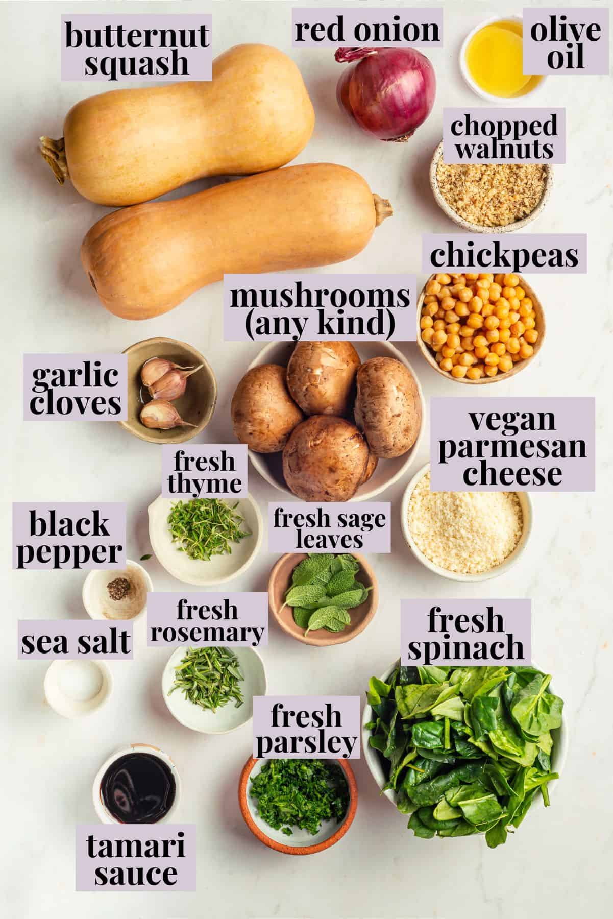 Overhead view of stuffed butternut squash ingredients