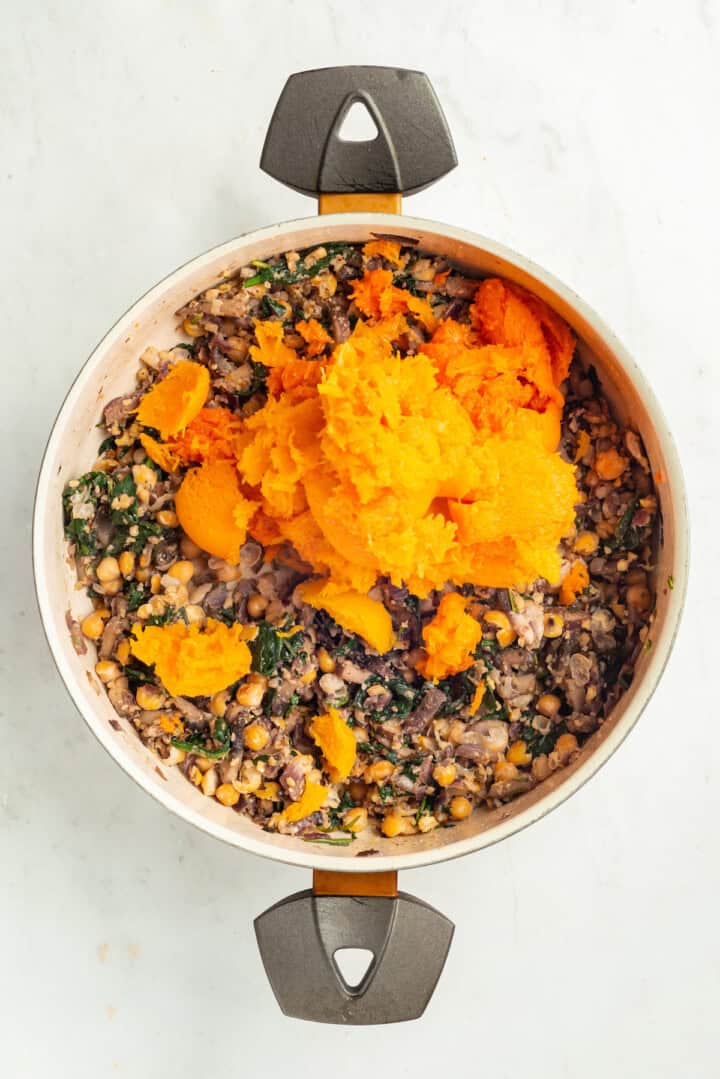 Overhead view of stuffing for butternut squash before stirring in squash