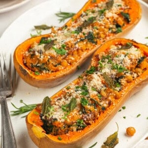 Stuffed butternut squash halves on platter