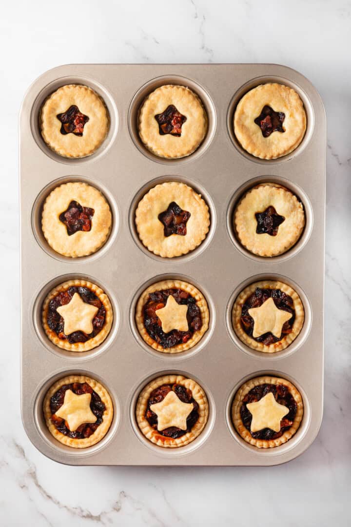 Overhead view of mince pies in cupcake tin