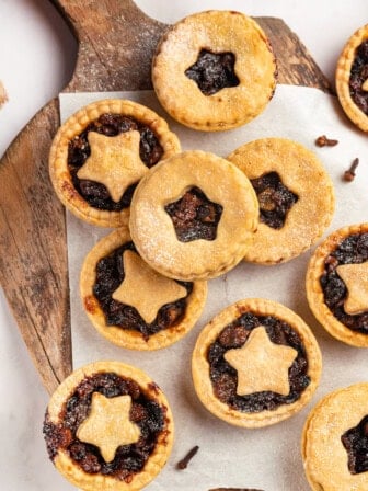 Overhead view of mince pies on board