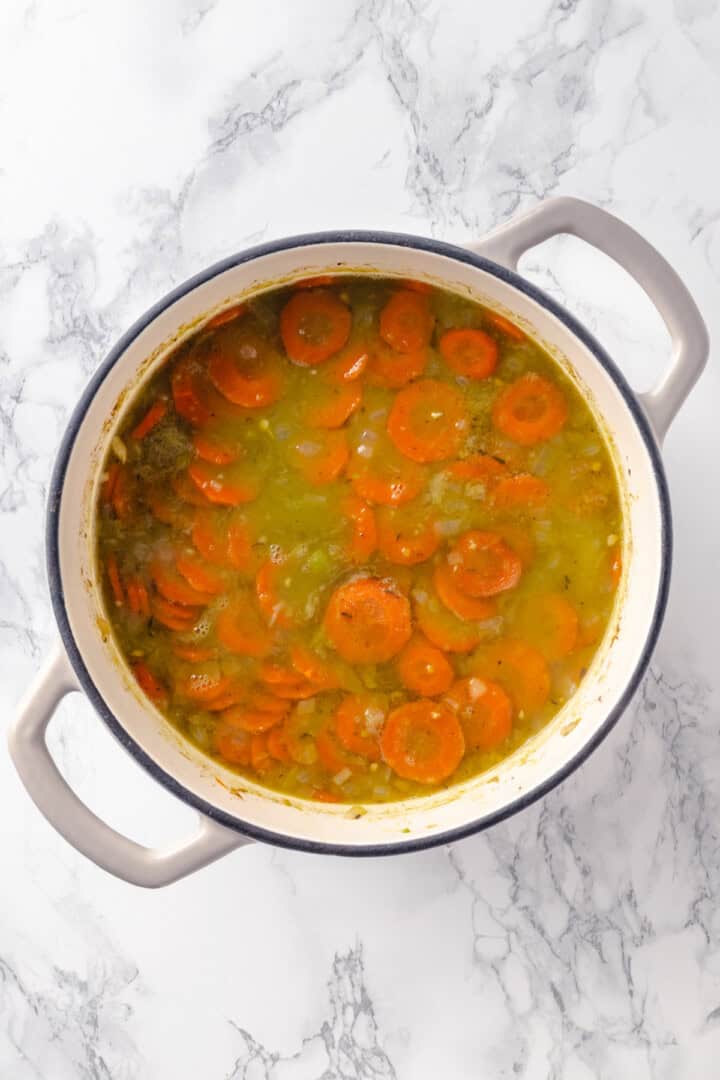 Vegan split pea soup in pot before pureeing