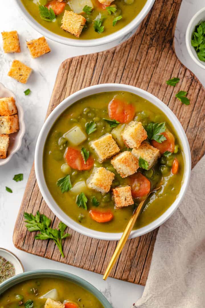 Overhead view of creamy split pea soup