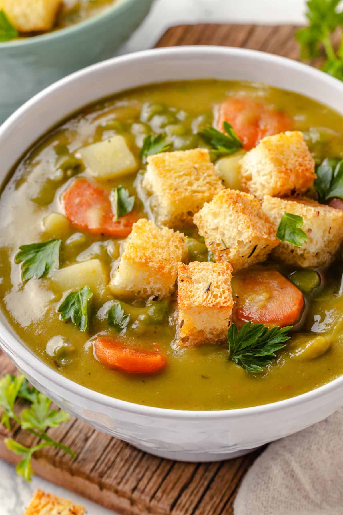 Vegan split pea soup with homemade croutons