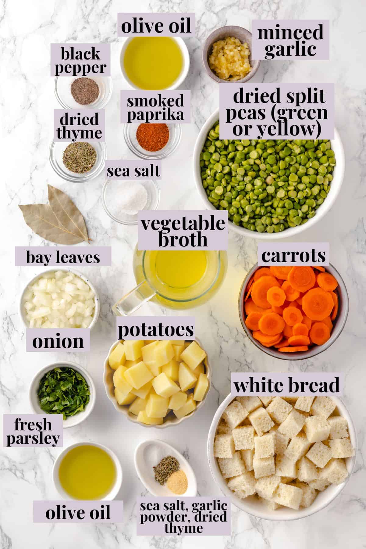 Overhead view of ingredients for split pea soup with labels