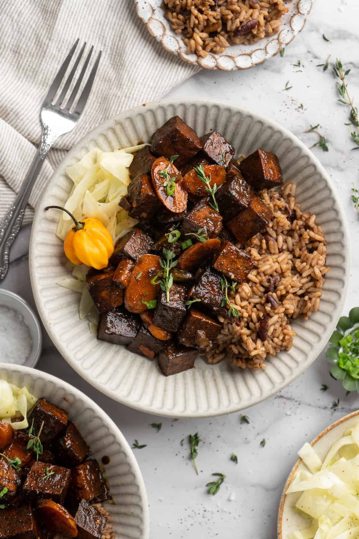 Bowl of brown stew tofu with rice