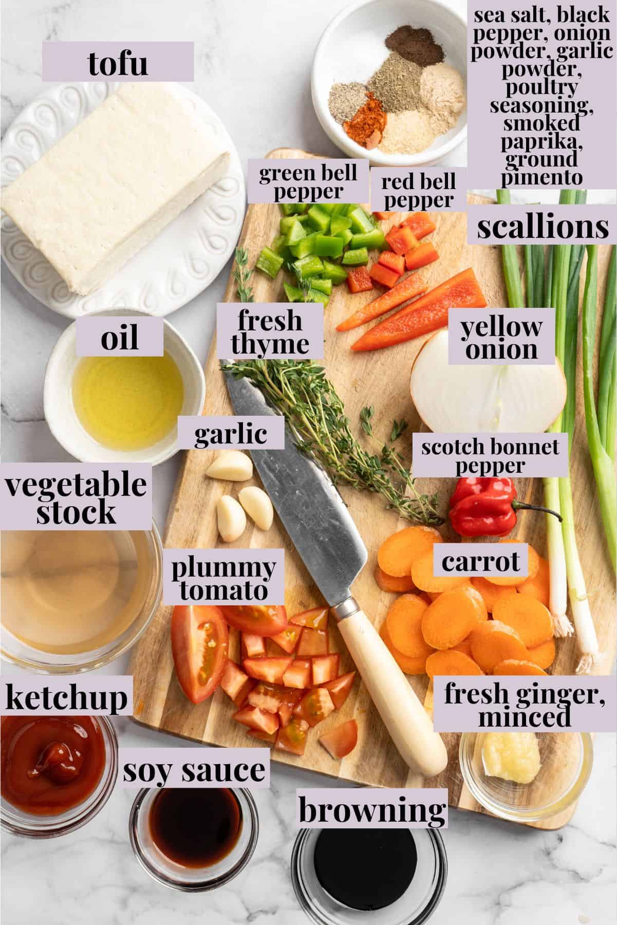 Overhead view of brown stew tofu ingredients with labels