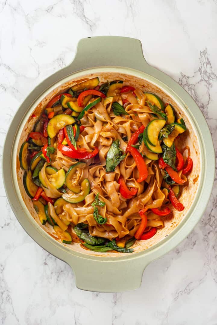 Thai drunken noodles in skillet