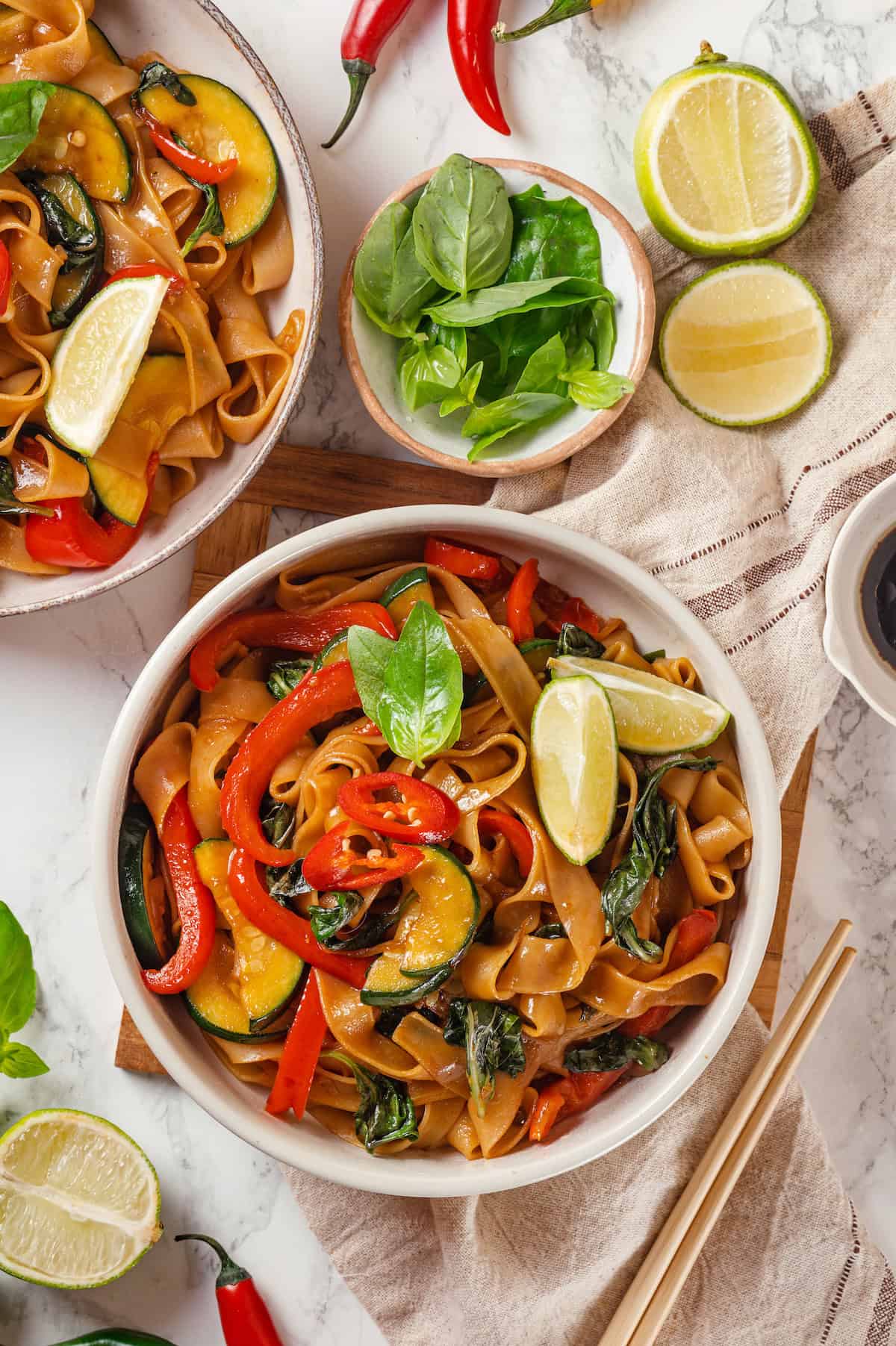 Overhead view of Thai drunken noodles with vegetables