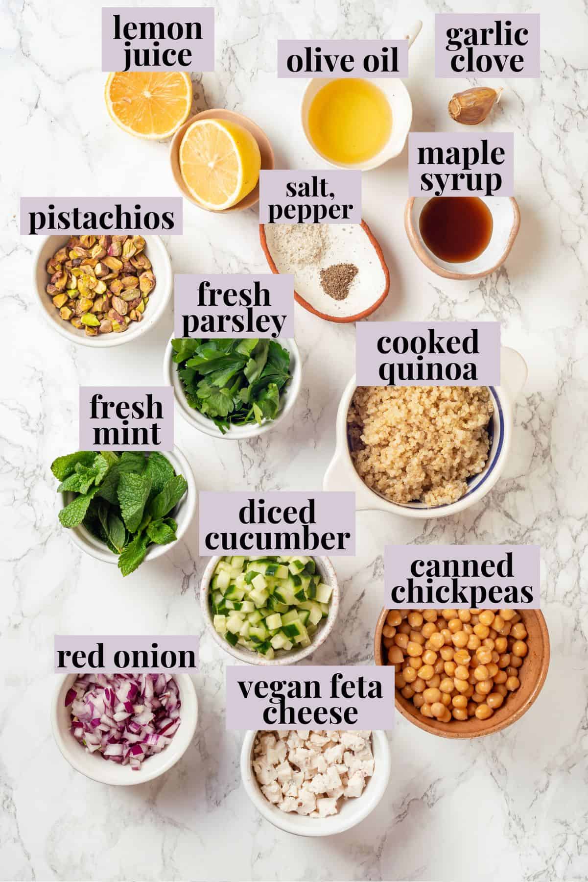 Overhead view of ingredients for Jennifer Aniston salad with labels