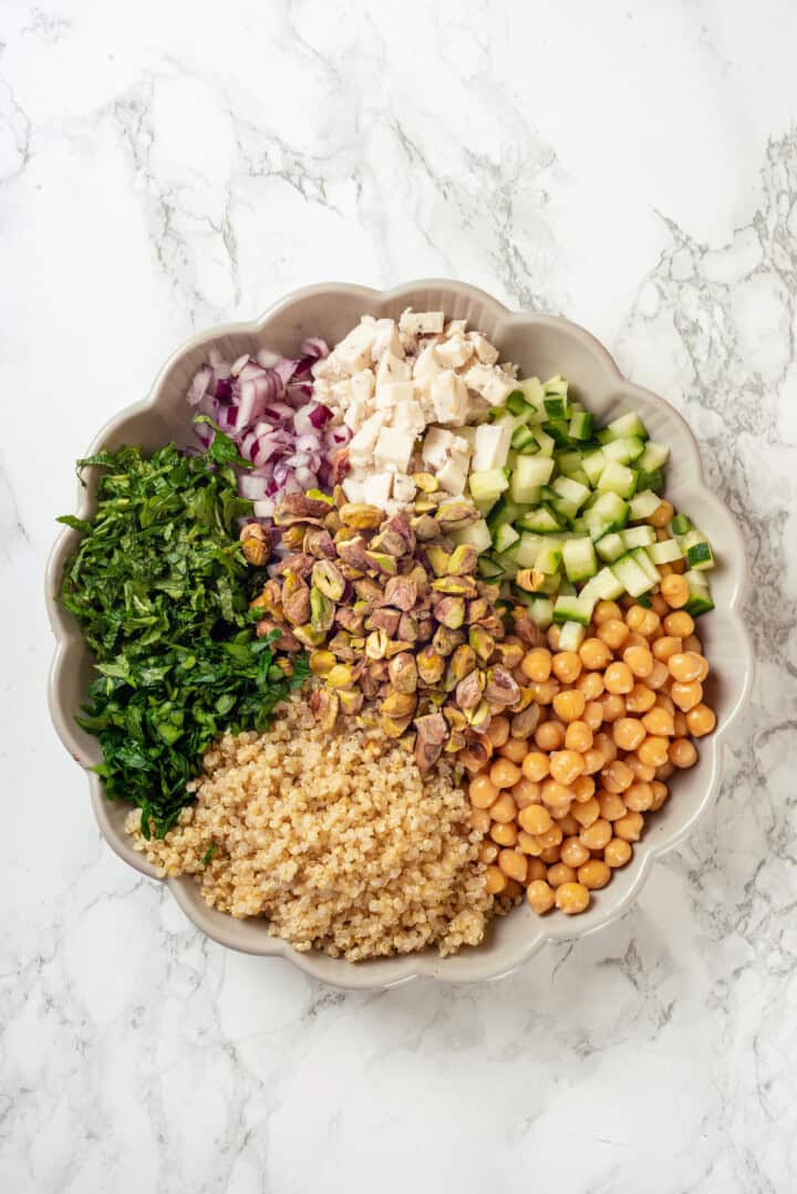 Overhead view of ingredients for Jennifer Aniston salad