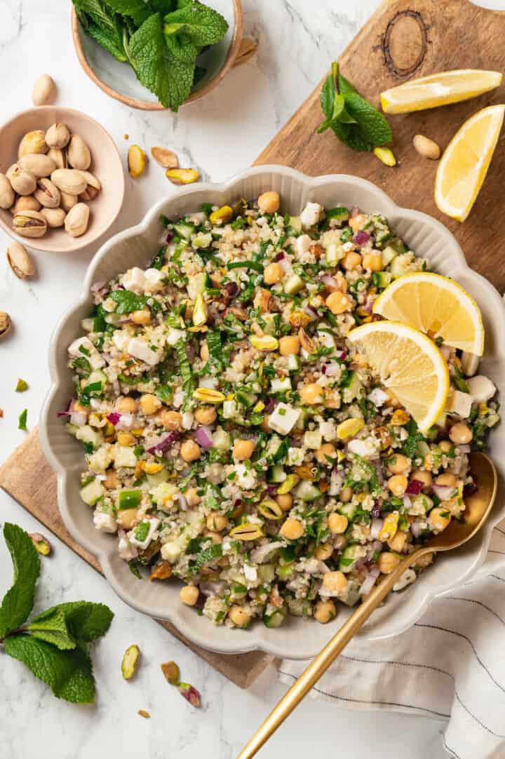 Overhead view of vegan Jennifer Aniston salad in serving bowl