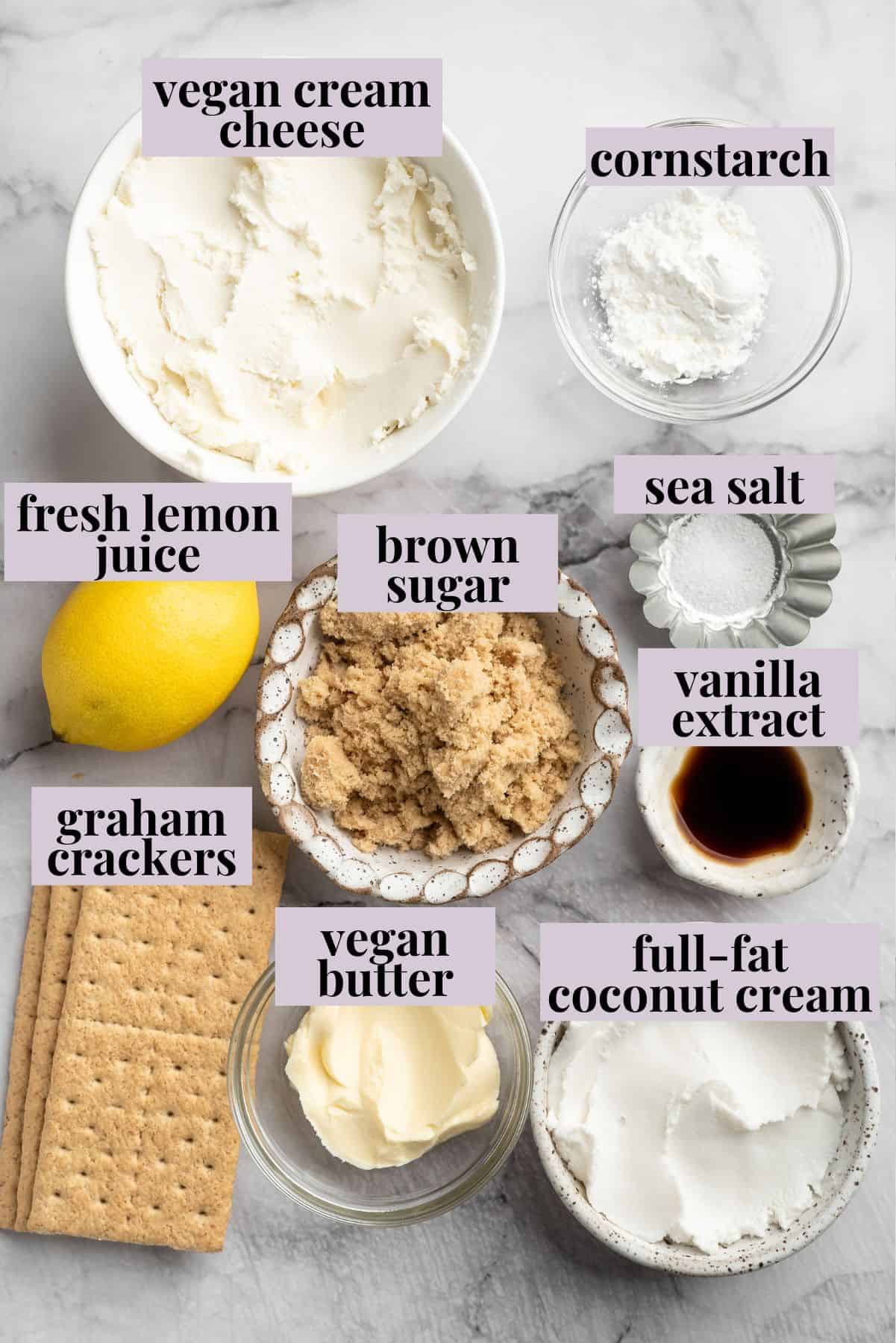 Overhead view of ingredients for mini cheesecakes with labels