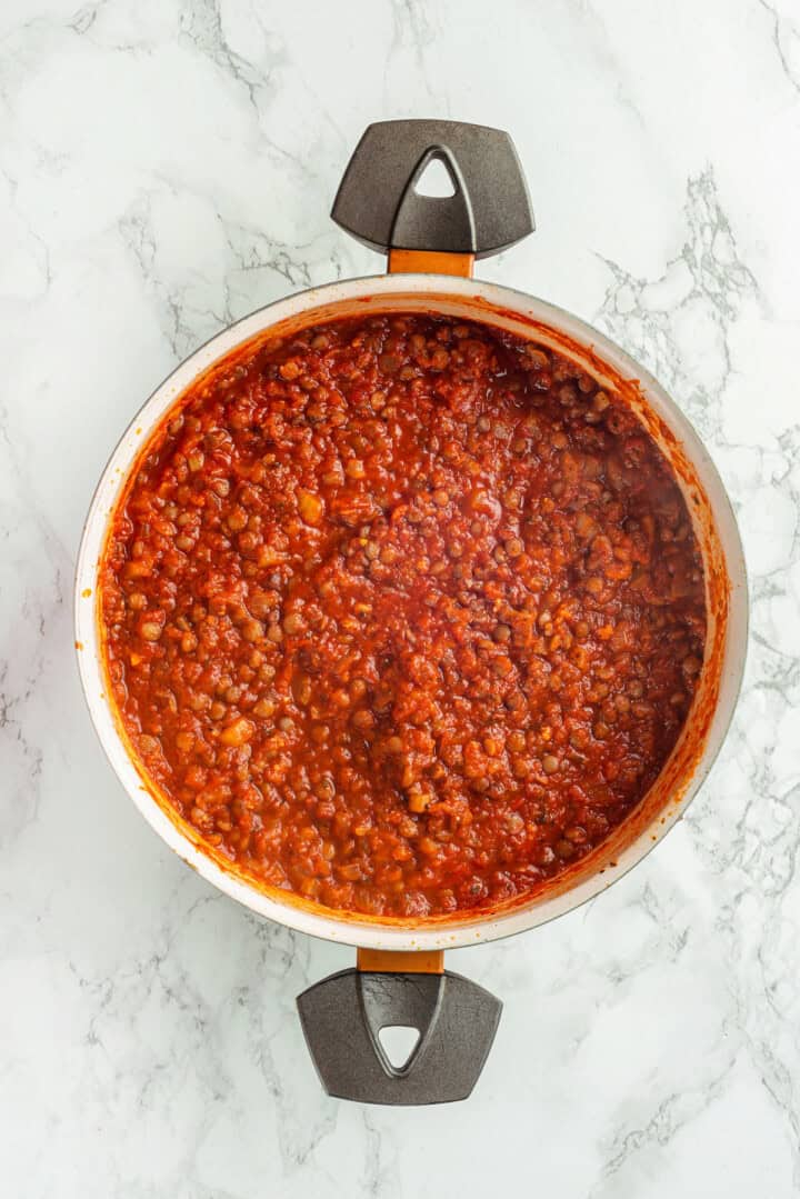 Marinara and lentil sauce in skillet