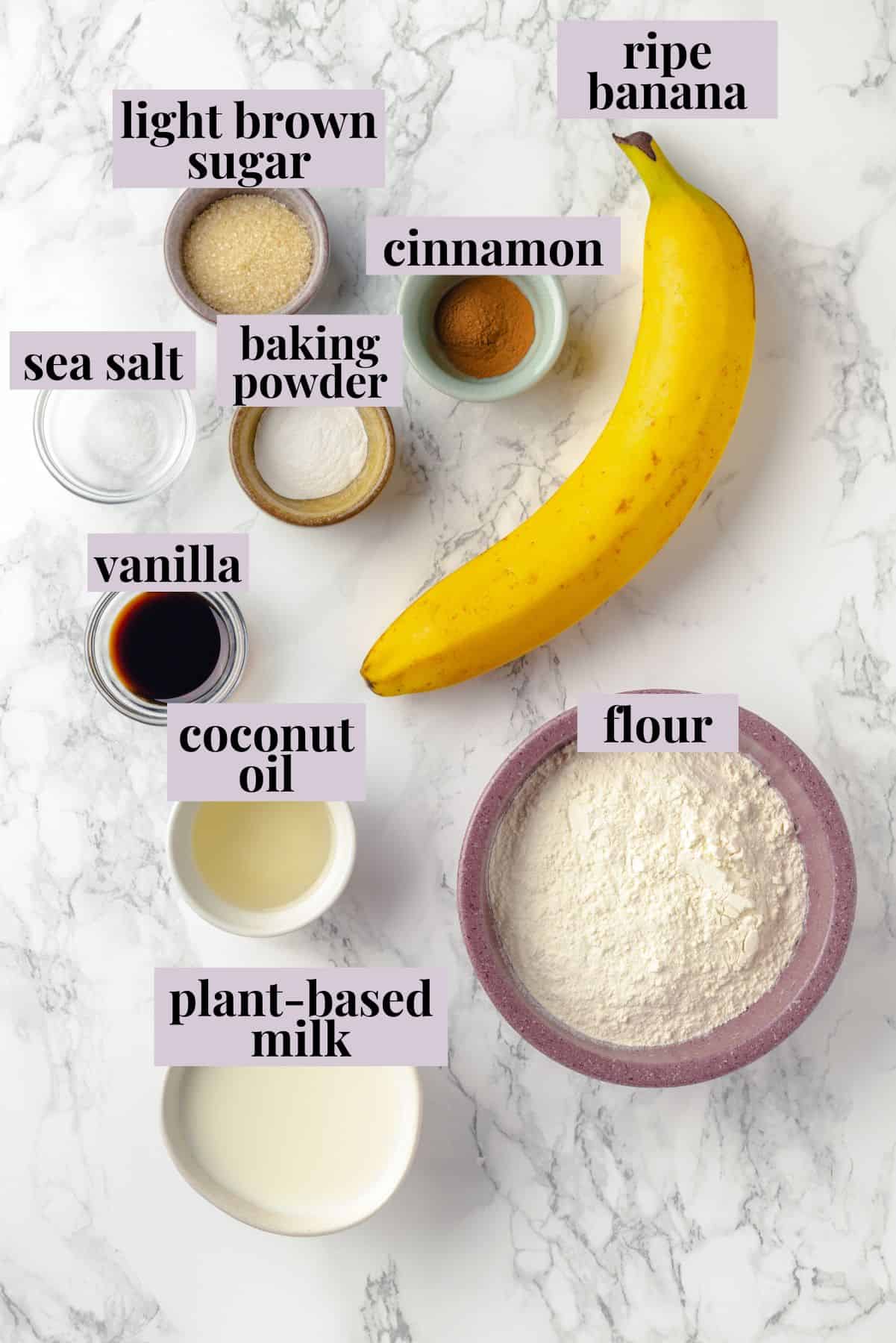 Overhead view of ingredients for banana pancakes with labels