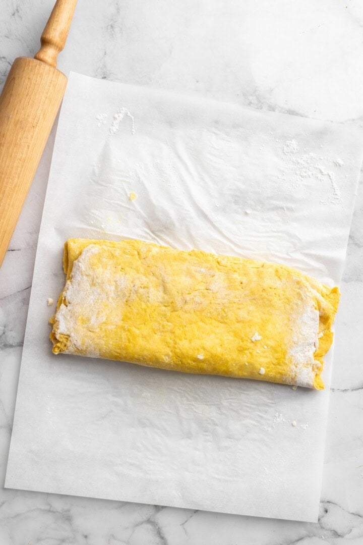 Folded dough on parchment