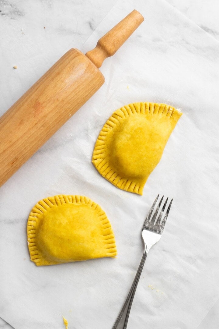 Overhead view of vegan Jamaican patties before baking