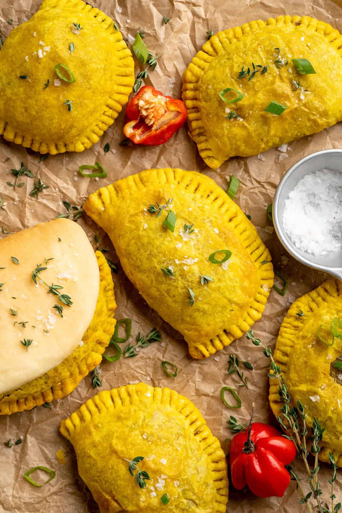 Overhead view of vegan Jamaican patties