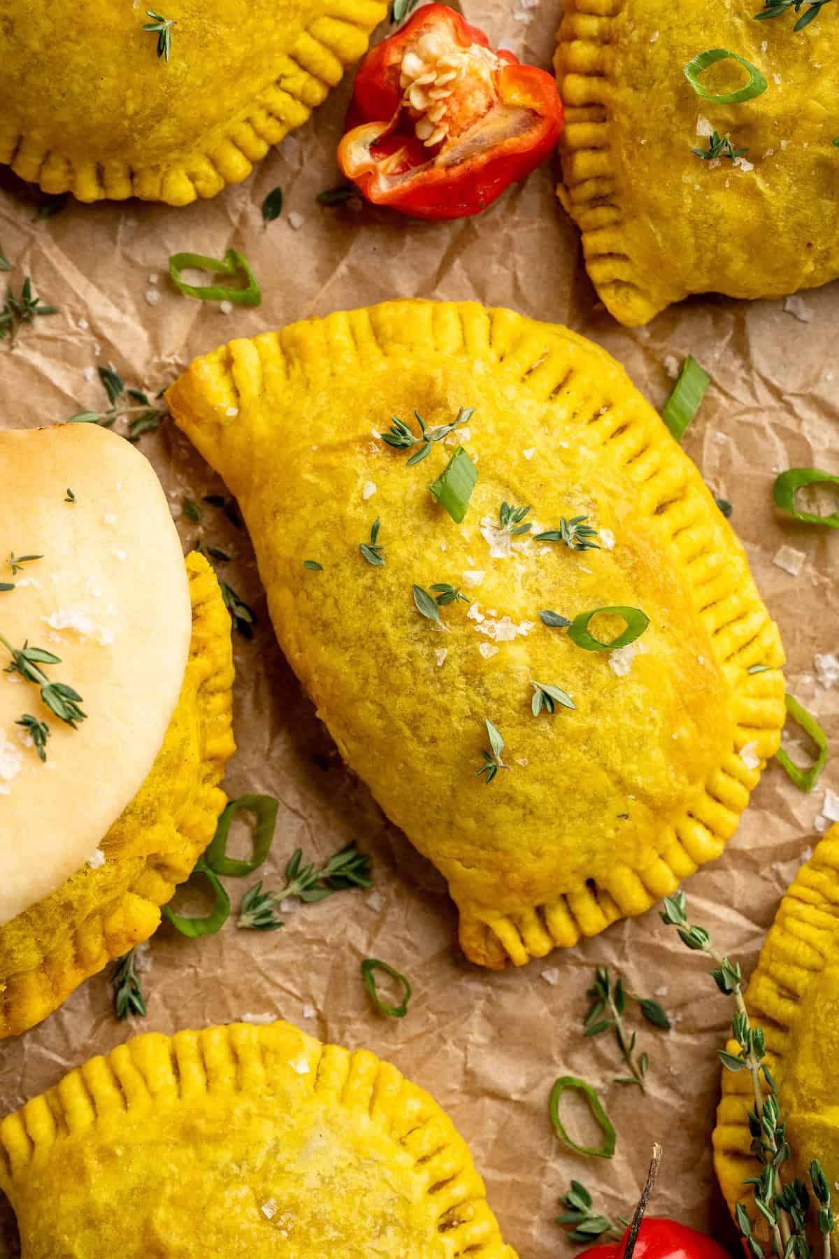 Overhead view of vegan Jamaican patties