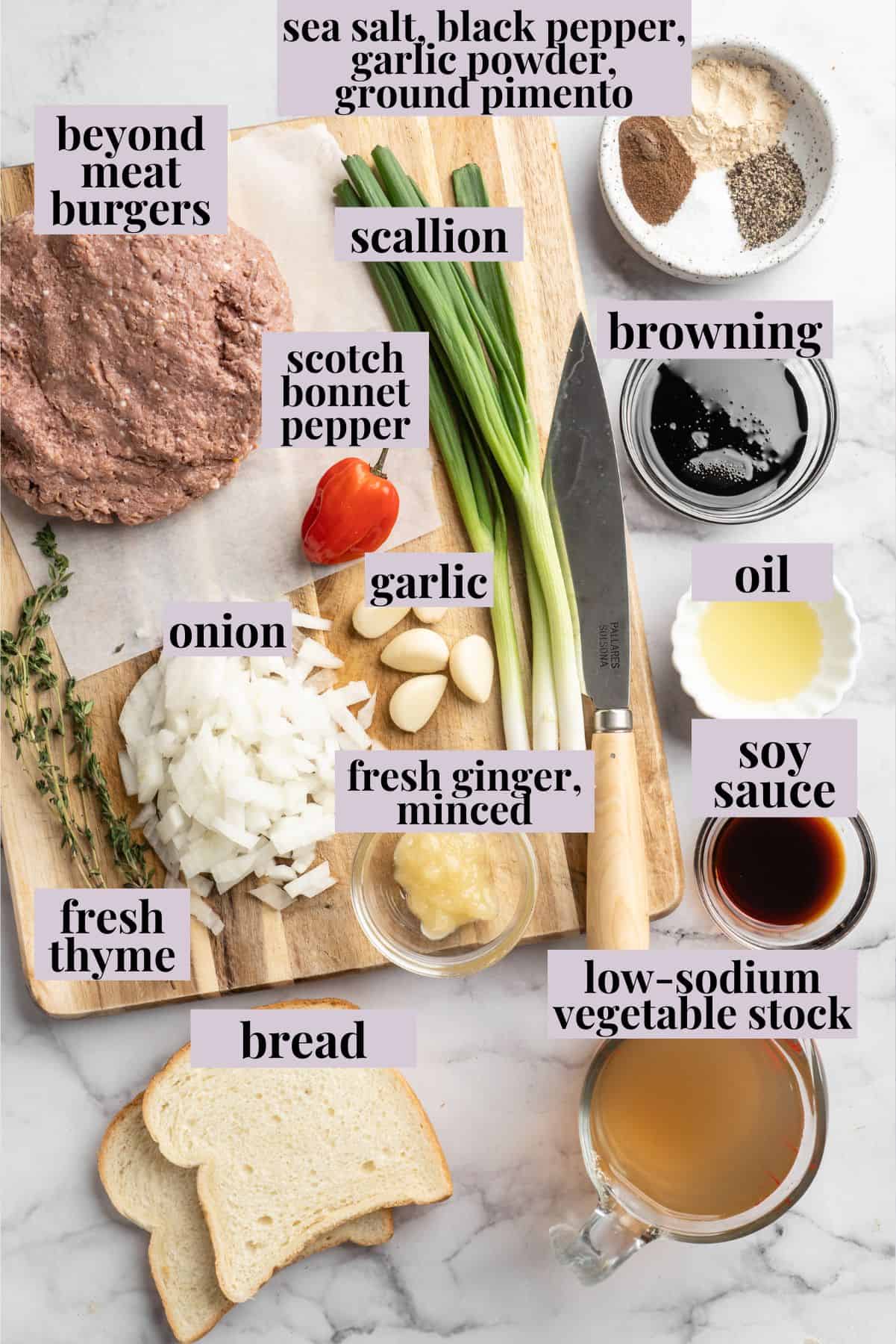 Overhead view of ingredients for vegan Jamaican patty filling with labels