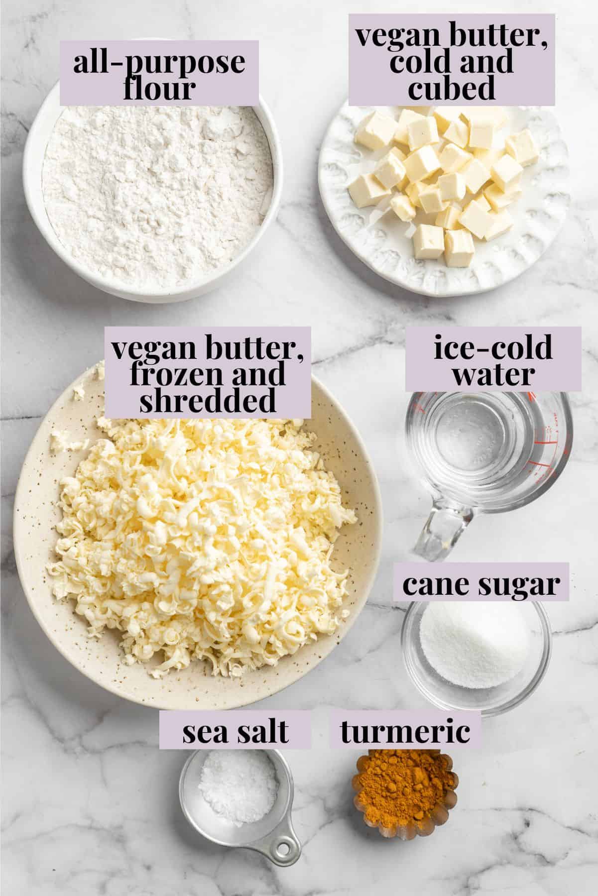 Overhead view of ingredients for vegan Jamaican patty crust with labels