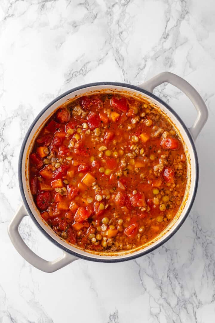 Overhead view of lasagna soup before adding pasta