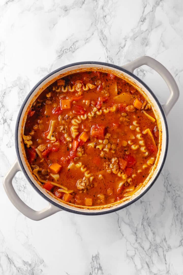 Overhead view of lasagna soup in pot