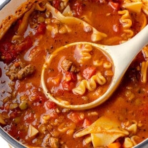 Ladle of lasagna soup in pot