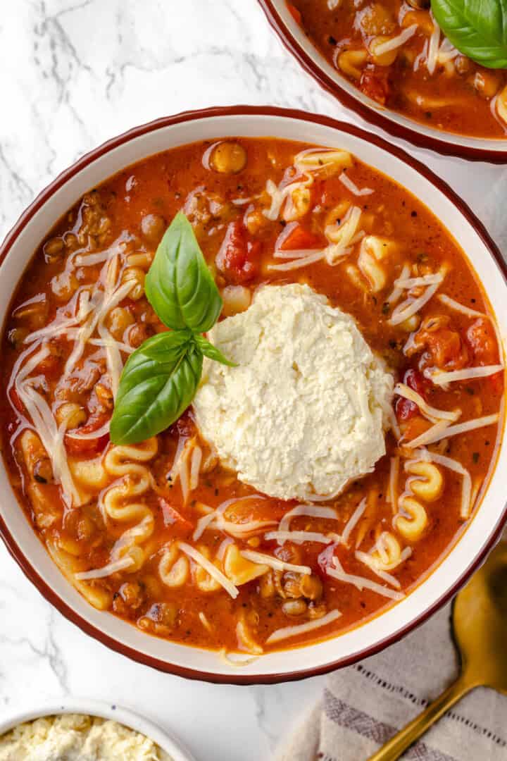 Overhead view of lasagna soup in bowl