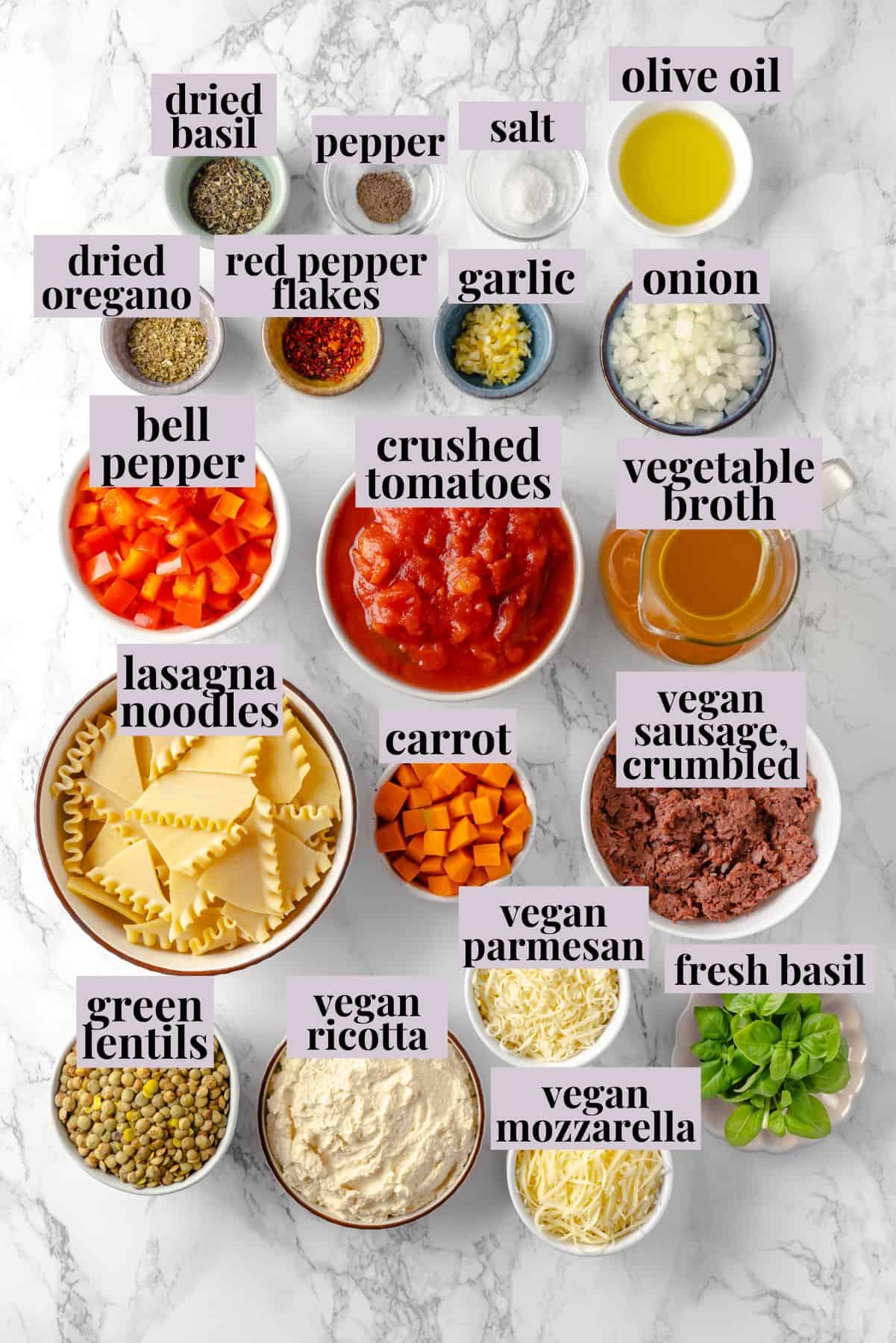 Overhead view of ingredients for lasagna soup with labels