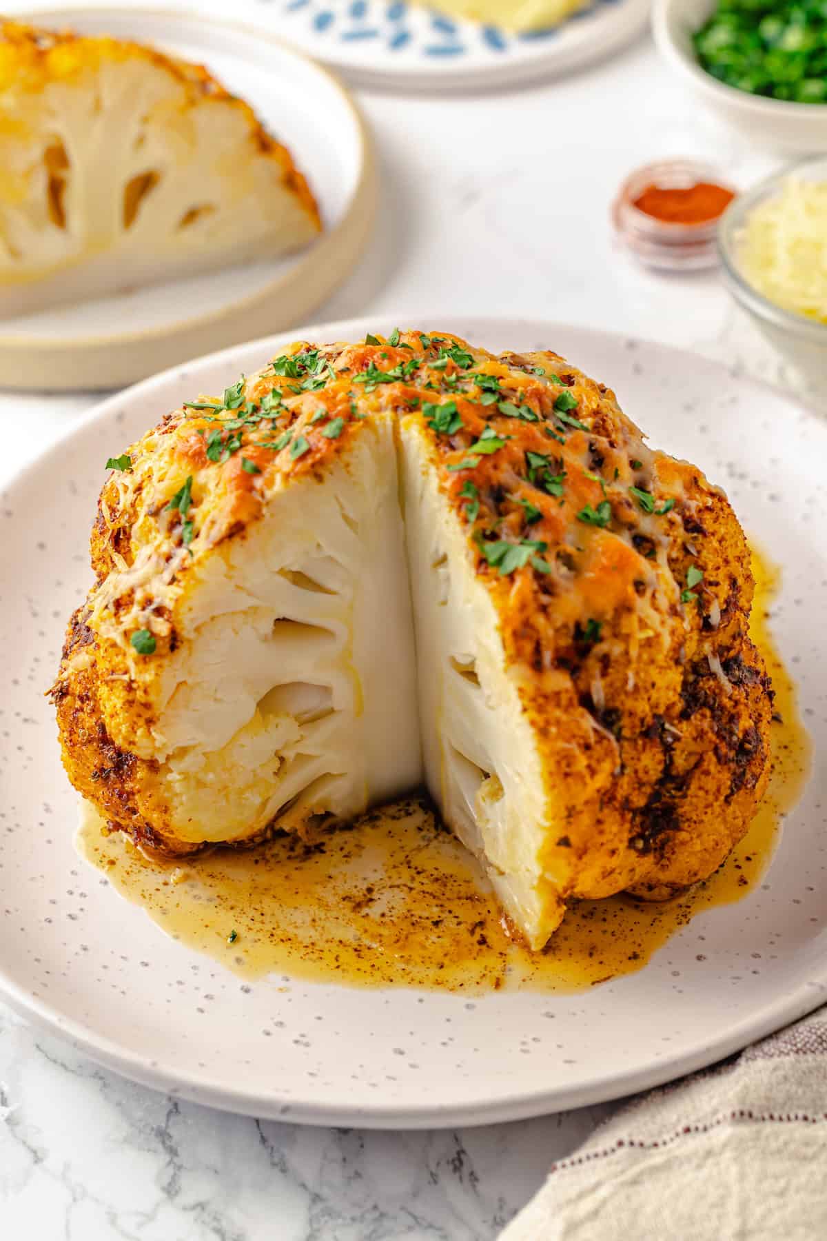 Whole roasted cauliflower with wedge cut