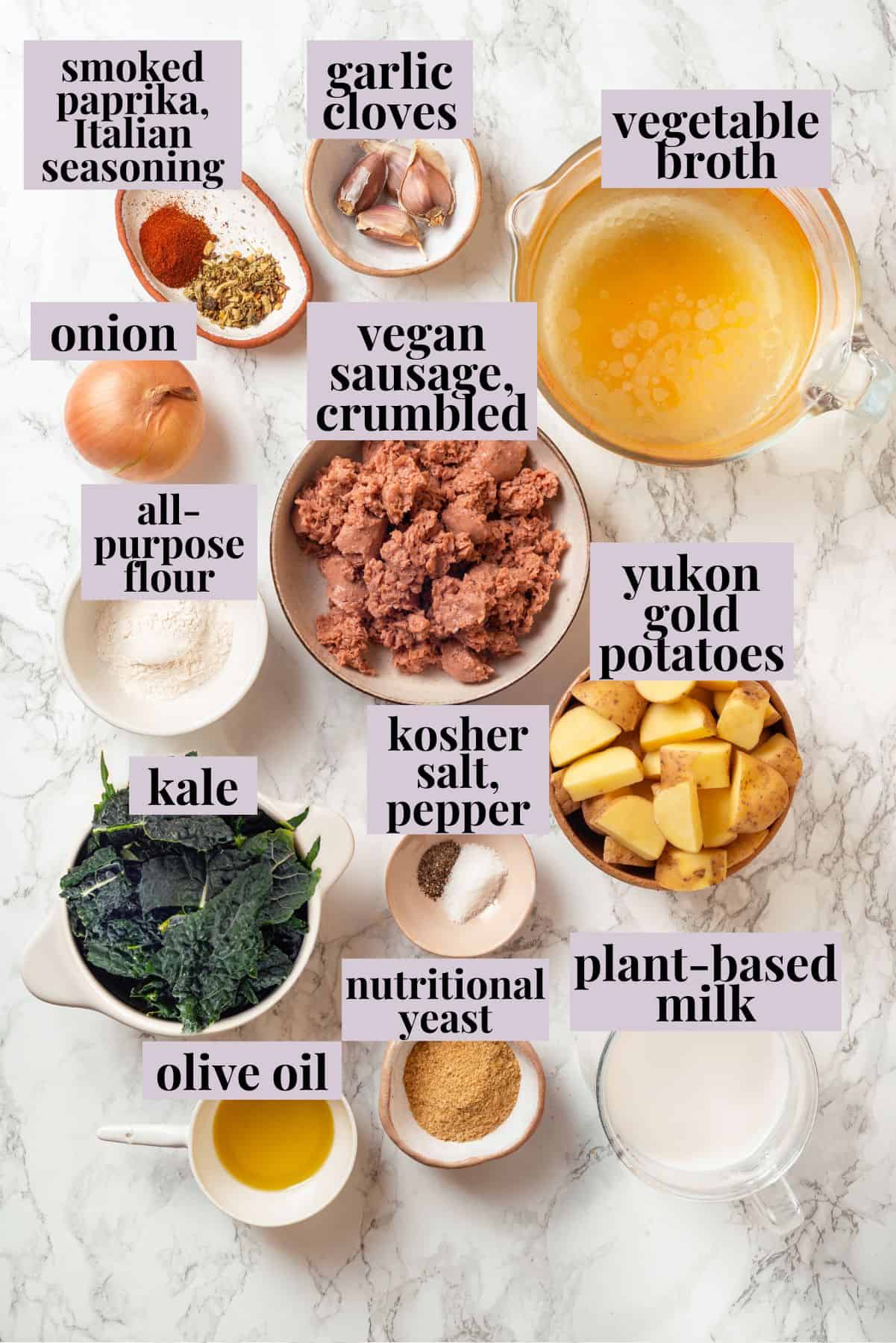 Overhead view of ingredients for zuppa toscana with labels