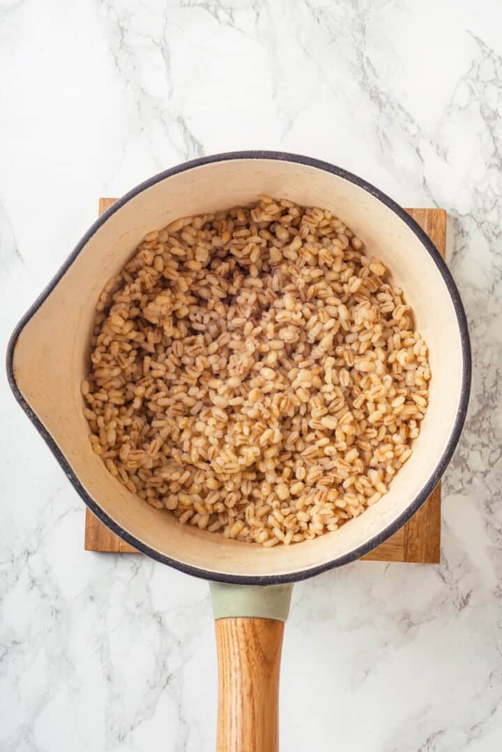 Overhead view of farro in pan