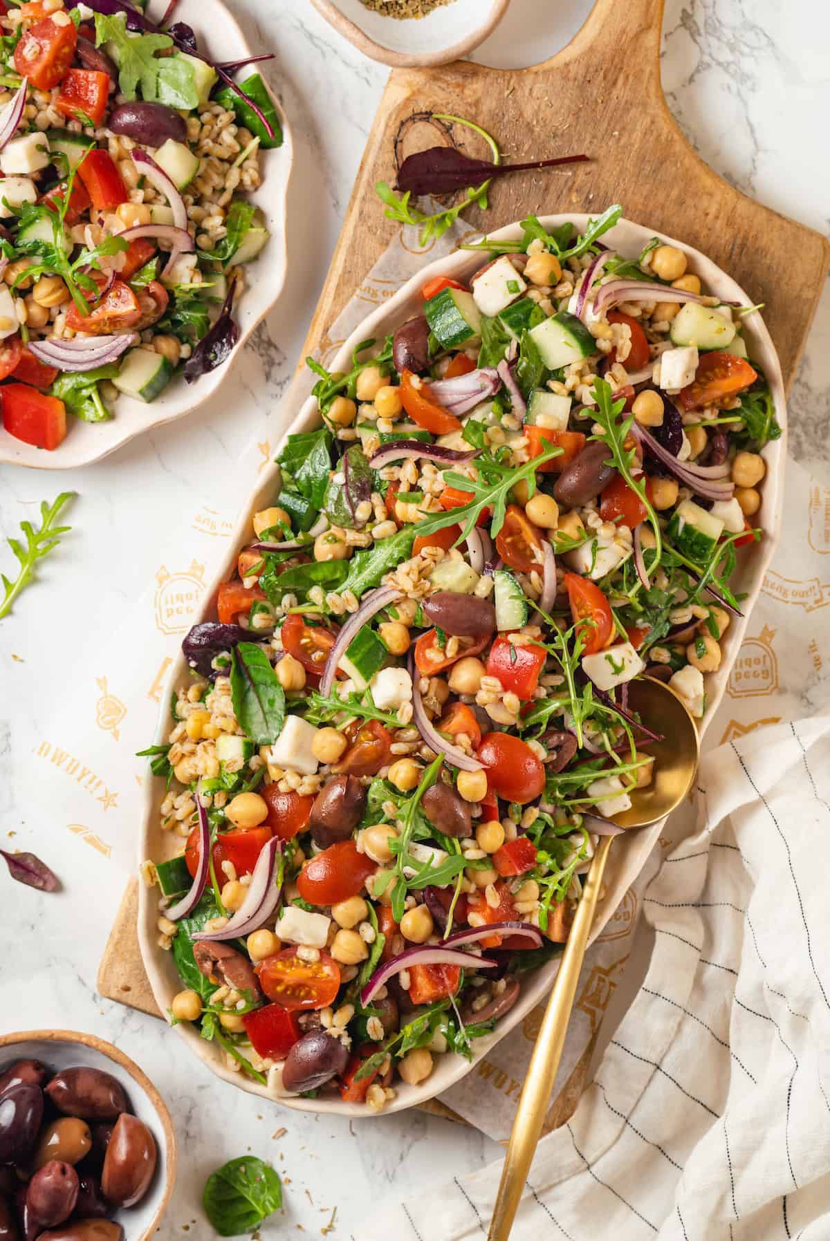 Overhead view of Greek farro salad on platter