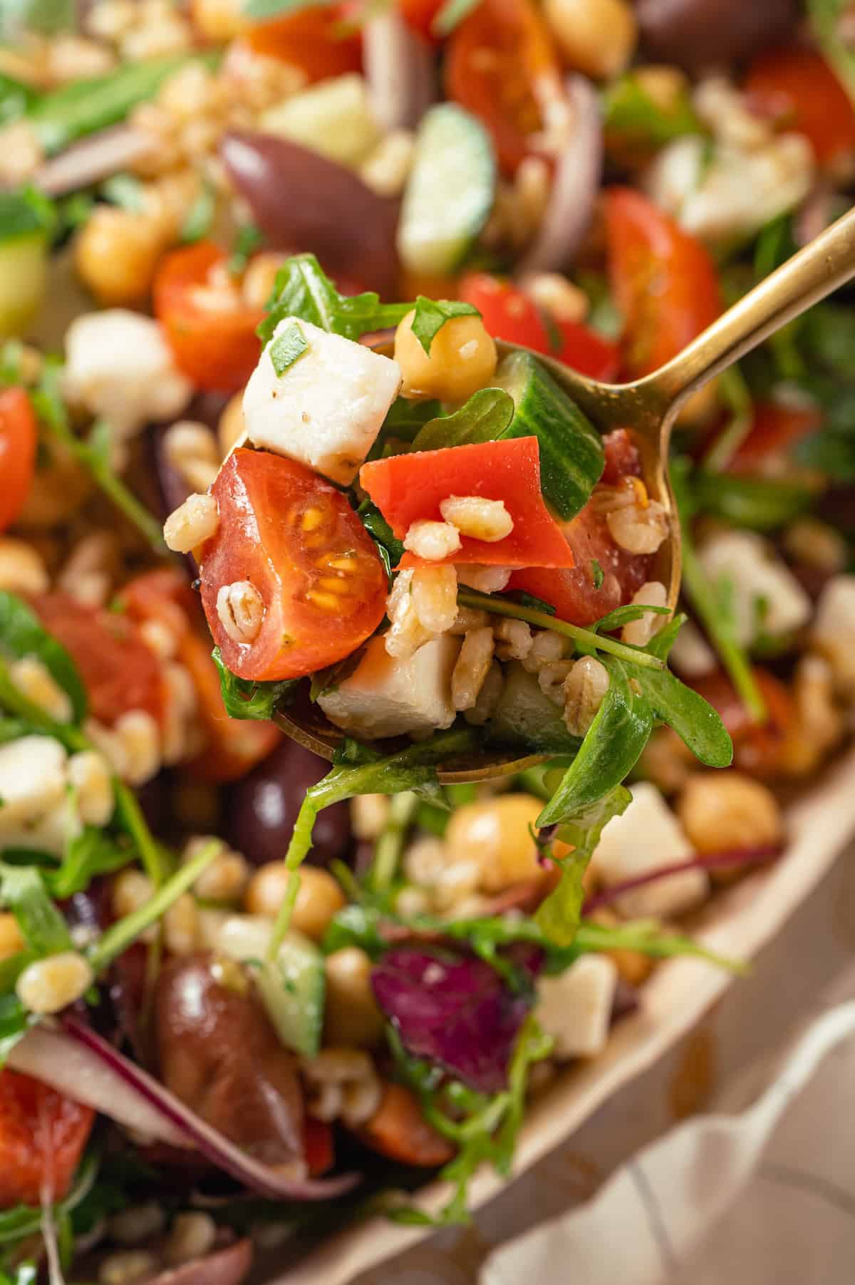 Spoonful of farro salad held over bowl