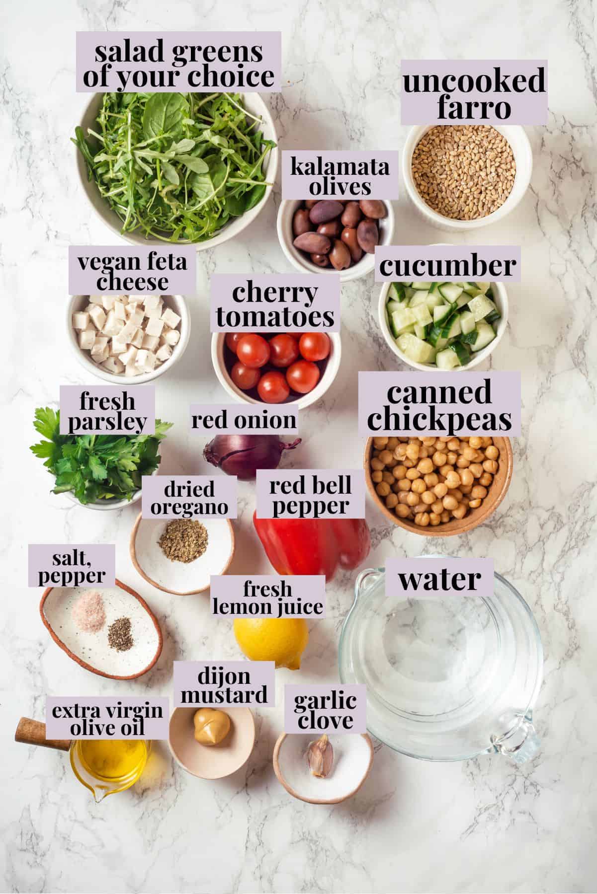 Overhead view of ingredients for farro salad