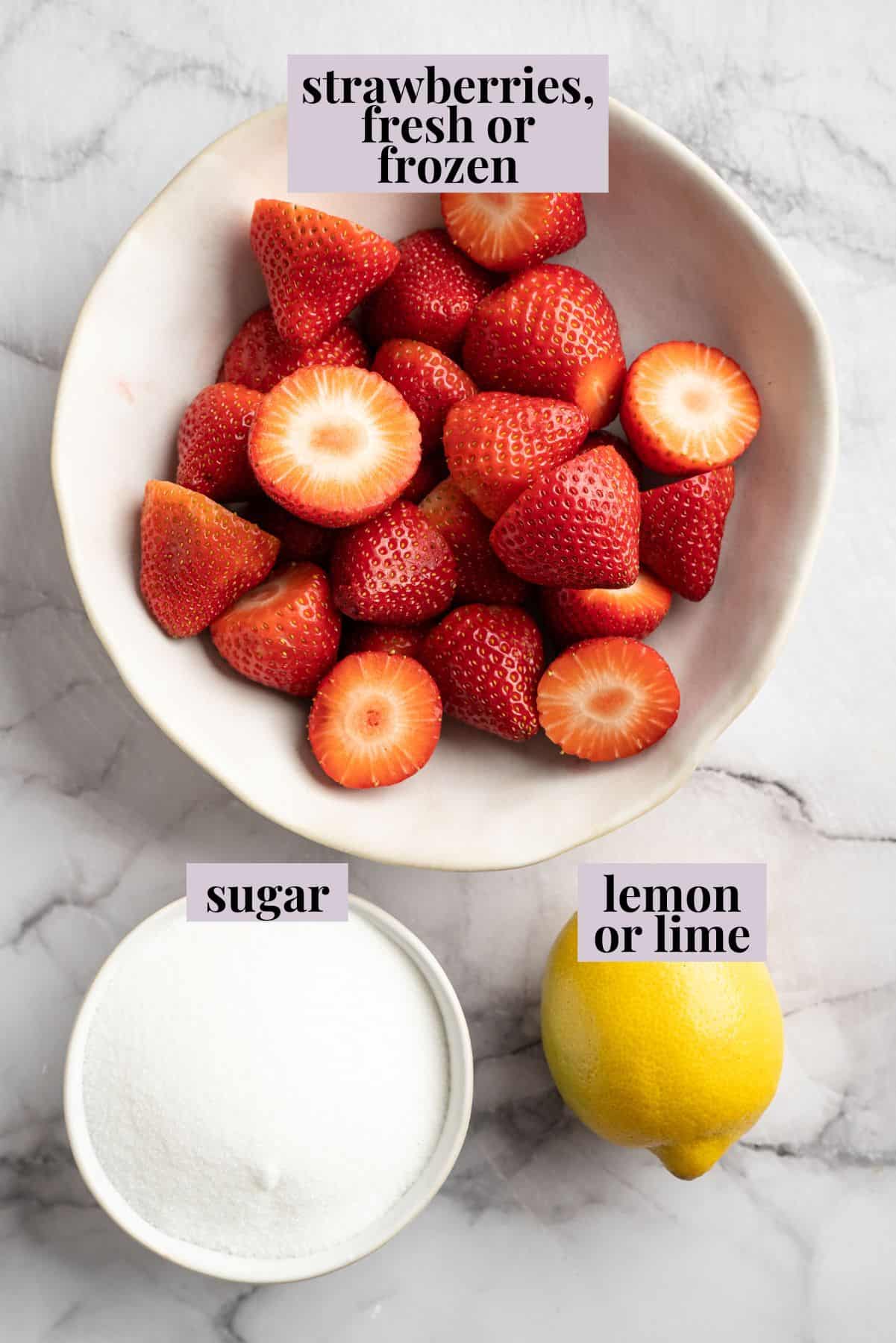 Overhead view of ingredients for strawberry jam