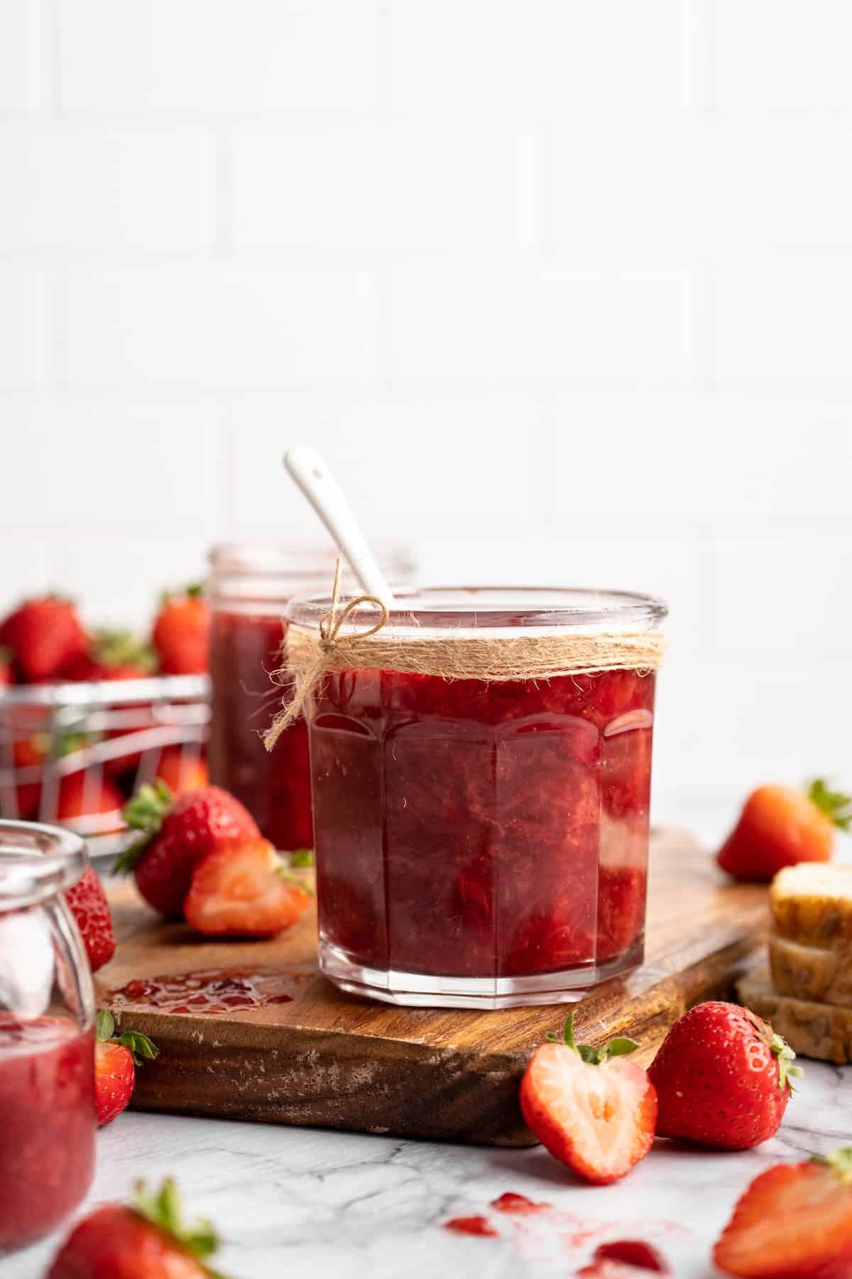 This is the easiest strawberry jam recipe you’ll ever make and the flavour is sweet, fruity, and bright. You only need 3 ingredients! Strawberry jam in jar